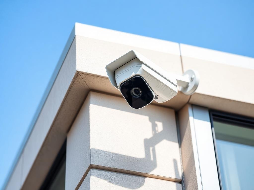 Security camera mounted on a commercial building exterior