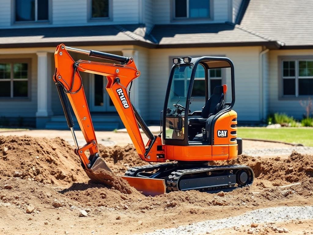 Compact orange excavator working on a residential site
