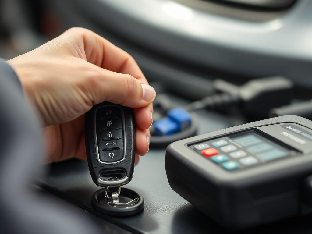 Modern automotive key fob being programmed with diagnostic tools