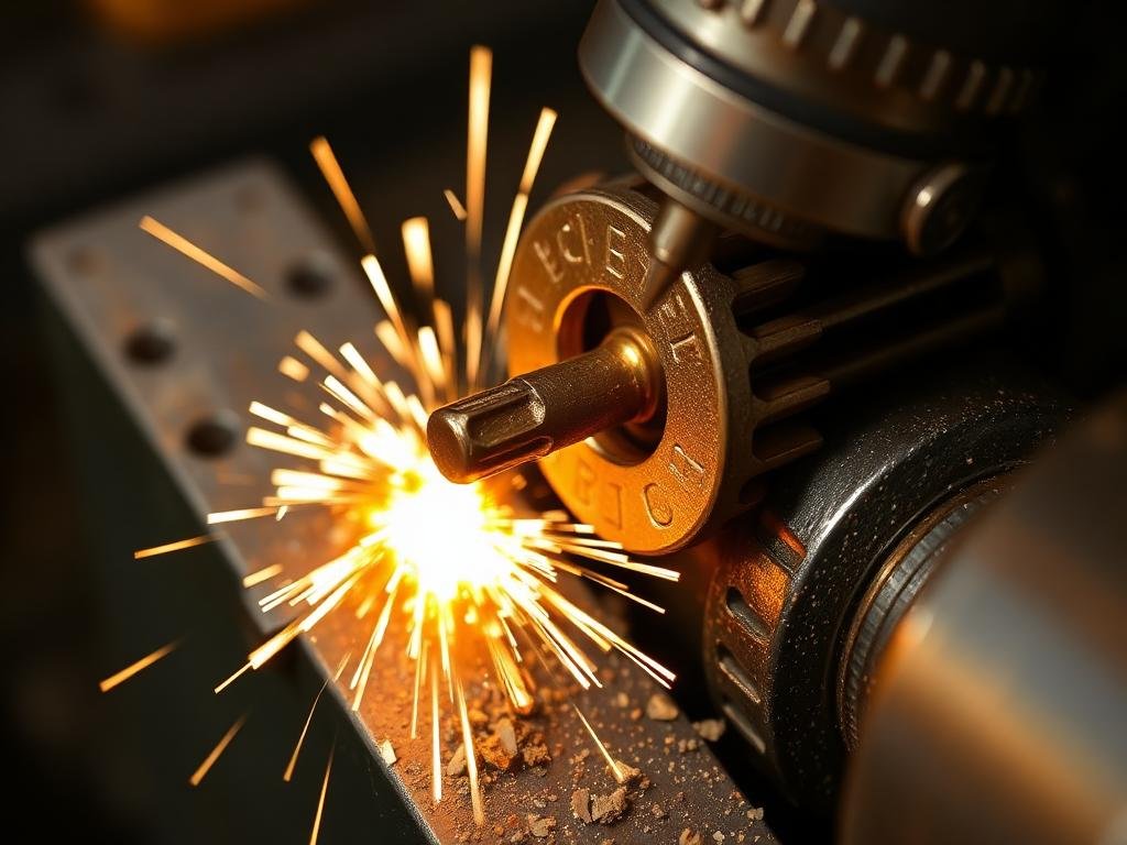 Brass key being precision-cut on a key cutting machine