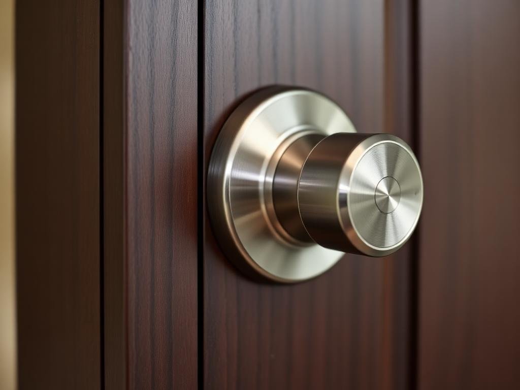 Modern brushed-nickel deadbolt installed on a wooden door